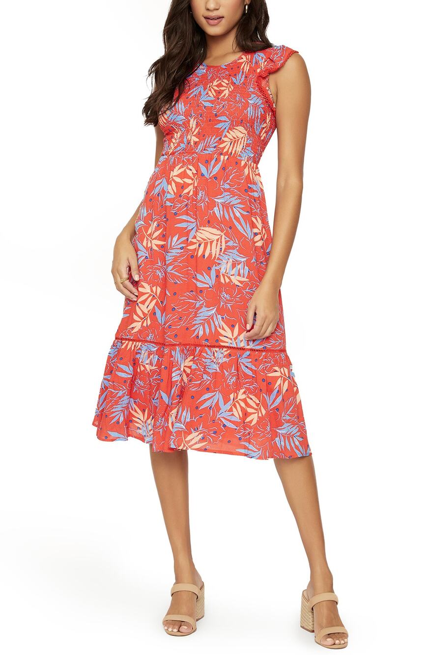 Lost + Wander Smocked Red Multi Still On Vacay Midi Dress Size XS